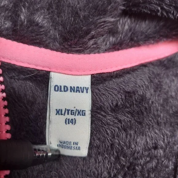 Old Navy 14 XL Full Zip Fleece Jacket Black & Pink High Neck Faux Fur Girls - Picture 3 of 6